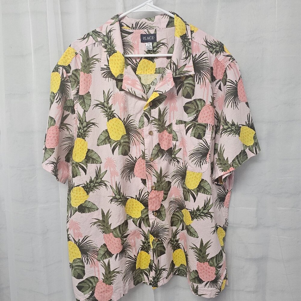 Place Shirt Hawaiian Pineapple Pink Button Up Resort Vacation Casual Cotton 2XL